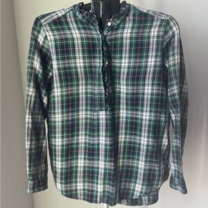 LOFT Women’s Casual Green Plaid Shirt w/ cute ruffle trim size M long sleeve